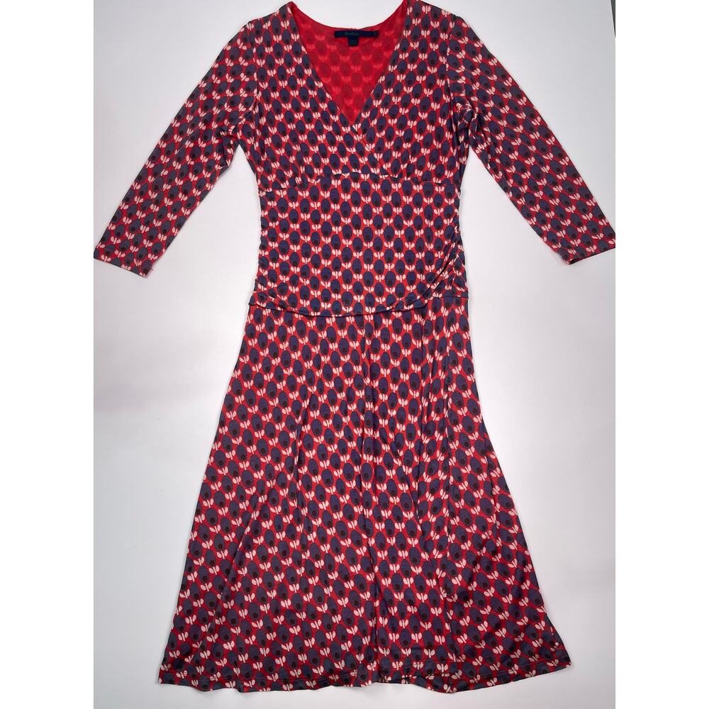 Boden Red & Navy Geometric Print Midi Dress Size 8R V-Neck Ruched Waist - Picture 5 of 10
